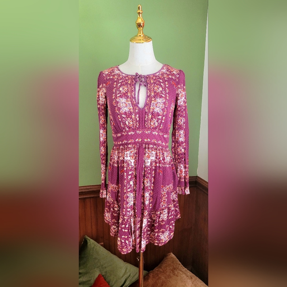 Free People Bohemian Floral Long Sleeve Dress in Purple